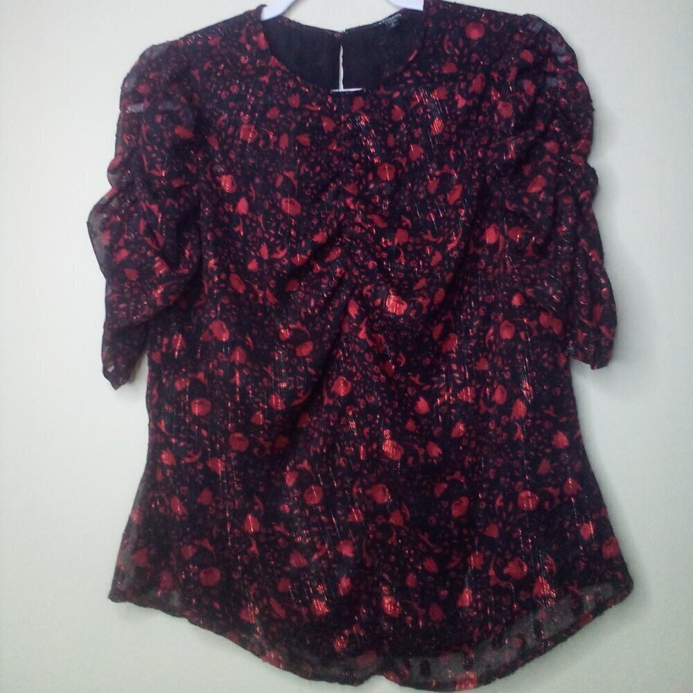 Express Blouse Shirt Women S 1/2 Gathered Sleeves Lined Pattern Red Black